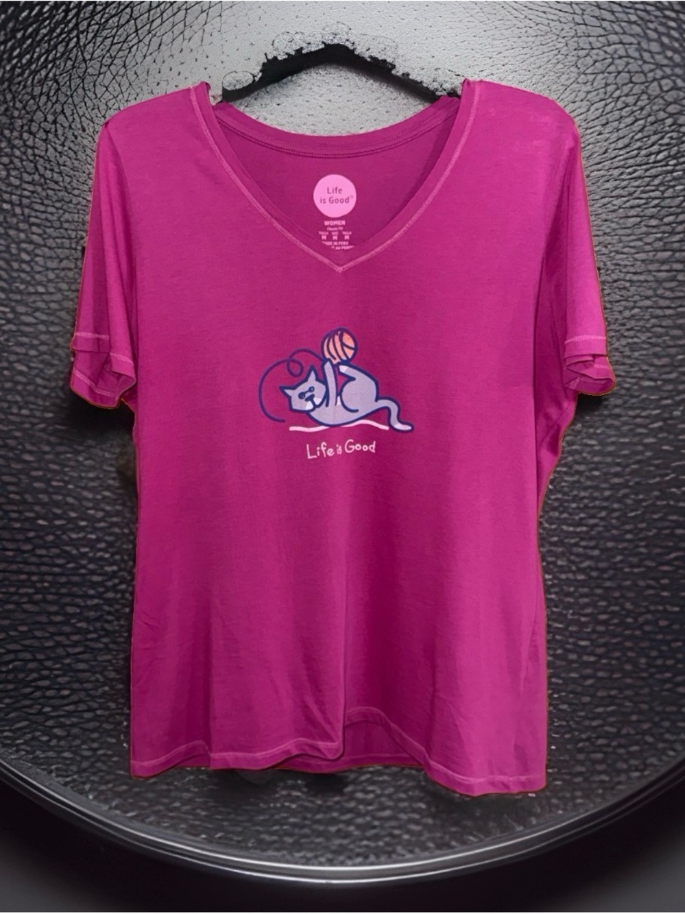 Life Is Good Fuchsia Short Sleeve V-Neck Tee with Cat Graphic